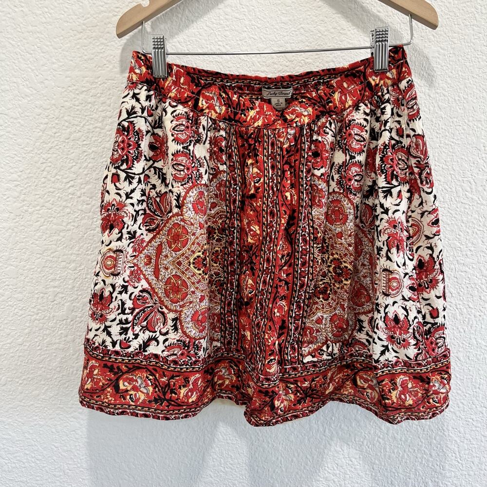 Lucky Brand Women's Skirt Red Floral Boho Smocked Elastic Waist Mini Small